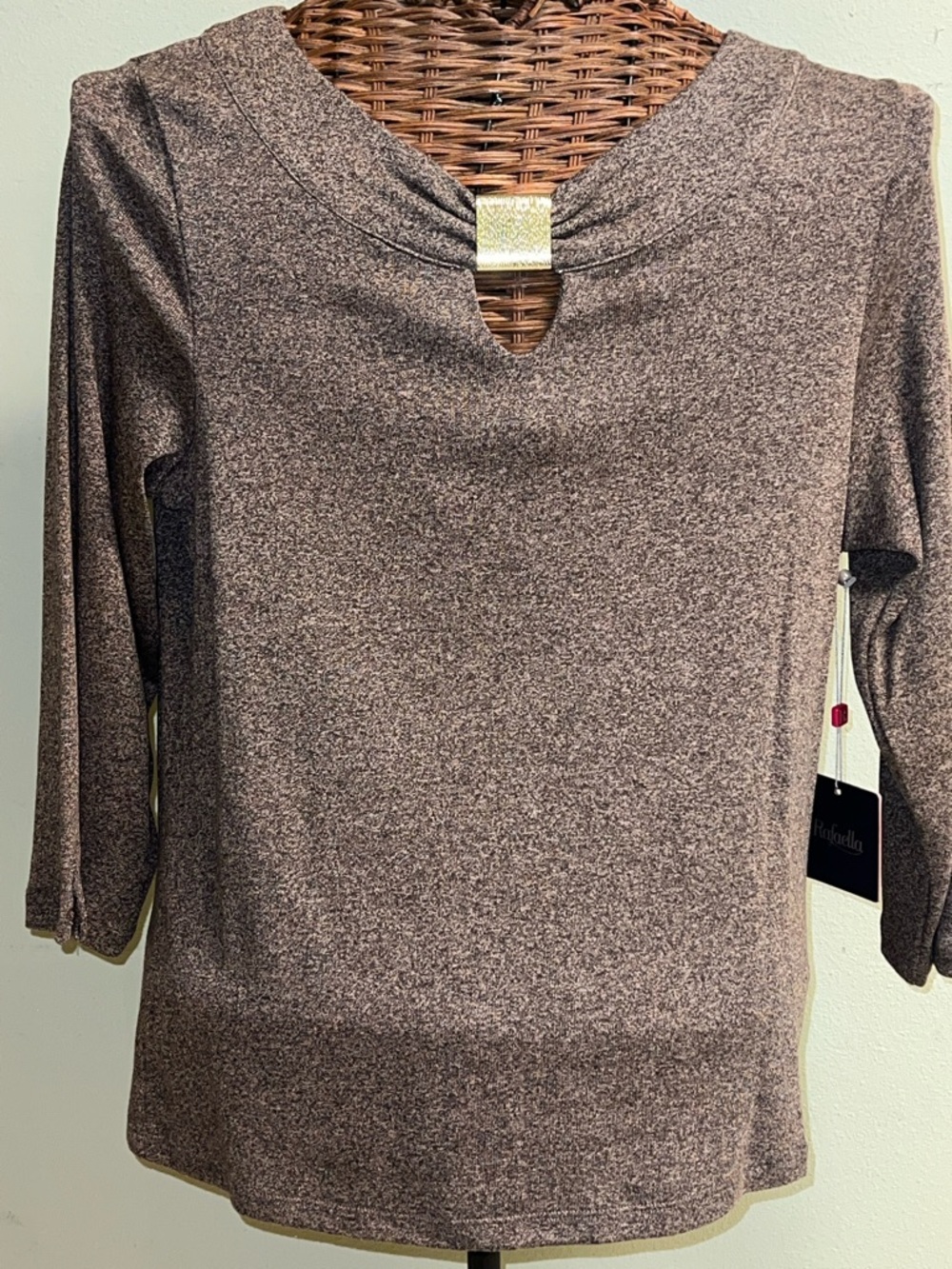 Rafaella Heathered Brown 3/4 Sleeve Keyhole Top